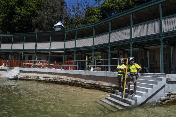 Carpenters Malcolm Ifield with son Max working on the Dawn Fraser Baths. Balmain Pool, Sydney's oldest ocean pool under refurbishment. 