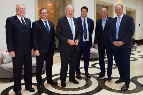 Bid advisory chair Rod Eddington, World Rugby CEO Alan Gilpin, World Rugby chairman Bill Beaumont, Rugby Australia chairman Hamish McLennan, World Rugby vice chairman Bernard Laporte and Australian World Rugby council member Brett Robinson in London.