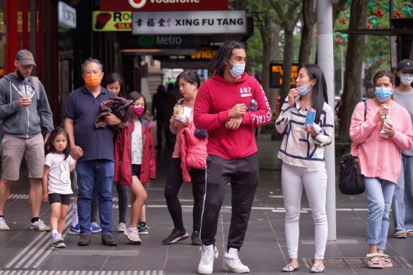Pedestrians in the Melbourne CBD wearing face masks. 