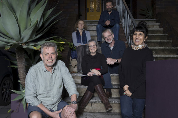 Stuart Davis, front left, at his Coogee home with choir members before a socially distanced rehearsal.