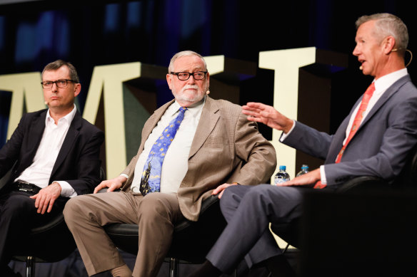 David Crowe, Ross Gittins and Peter Hartcher speak on a panel at SMH Live on Wednesday.