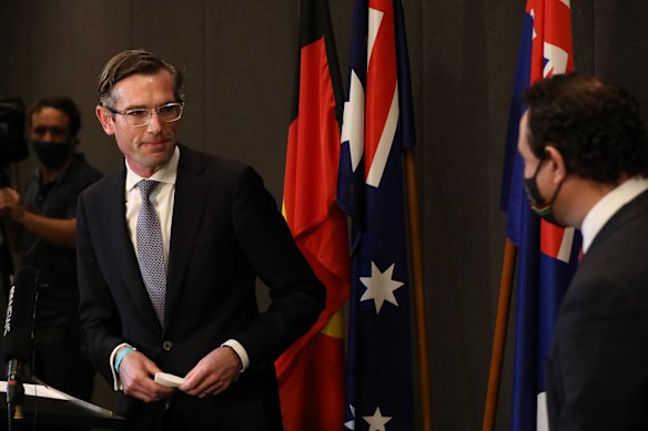 Dominic Perrottet and newly elected Deputy NSW Liberal Leader Stuart Ayres on Tuesday. 