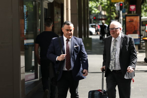 Former NSW deputy premier John Barilaro, left, and his barrister John Agius SC arrive at the ICAC in Sydney.