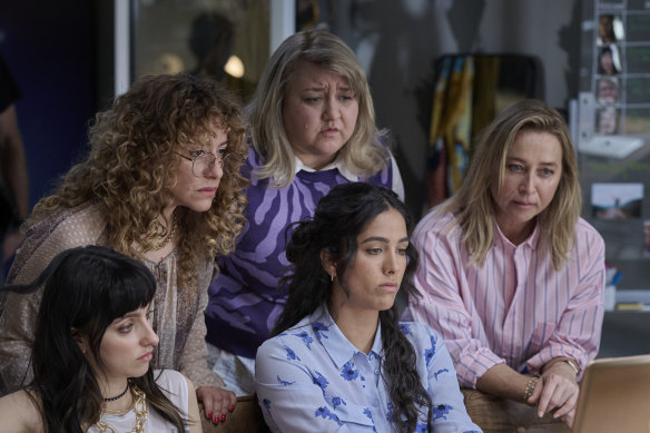 Asher Keddie, far right, with BeBe Bettencourt, Maria Angelico, Olivia Junkeer and Bryony Skillington in Strife: barely contained chaos.