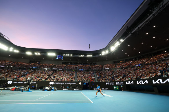 Novak Djokovic plays a shot against Jiri Lehecka.