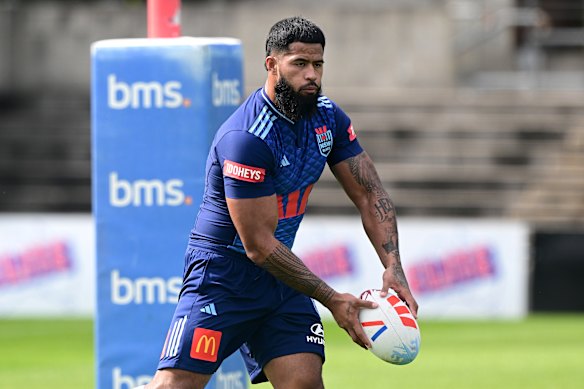 Payne Haas at Blues training at Ballymore on Monday.