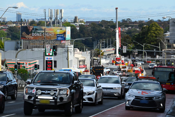 Traffic on Victoria Road near the Iron Cove Bridge.