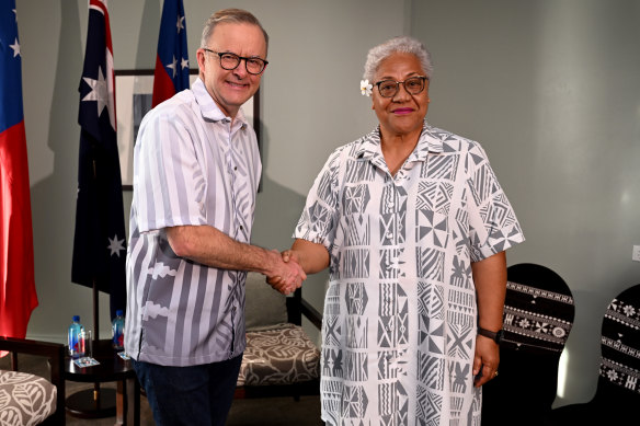 Prime Minister Anthony Albanese greets Samoa Prime Minister Fiamē Naomi Mataʻafa at the Pacific Islands Forum this week. 