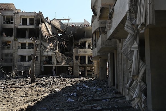 Destroyed residential buildings in the Abbassiyeh District in Tyre where an Israeli airstrike hit. Tyre, Southern Lebanon.
