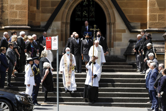 The casket leaves after Susan Ryan's state funeral at St Mary's Cathedral in Sydney on Friday. 
