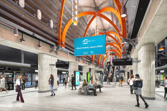 An artist’s render of the platform at the State Library station. 