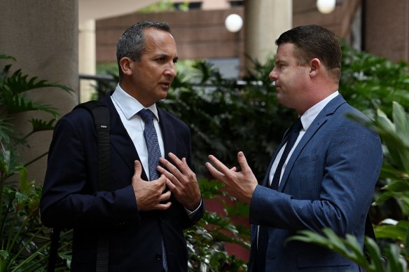 NRL CEO Andrew Abdo and South Sydney Rabbitohs CEO Blake Solly after a meeting to discuss Las Vegas last week.
