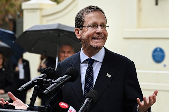Israeli President Isaac Herzog holds a press conference during his visit to Bondi Pavilion.