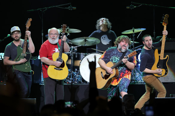 The Tenacious D touring line-up includes (l-r) guitarist John Konesky, Gass, drummer Scott Seiver, Black and bassist John Spiker.