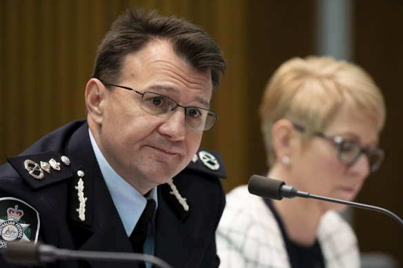 Reece Kershaw, newly appointed head of the AFP, appears before a Senate committee on press freedom.