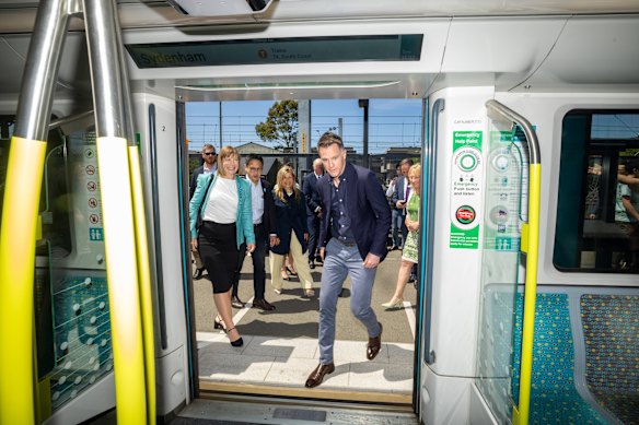Member for Summer Hill Jo Haylen and Premier Chris Minns board the metro at Sydenham for a ride to Dulwich Hill.