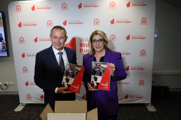 West Australian Premier Roger Cook and Treasurer Rita Saffioti with the budget papers in Perth on Thursday.