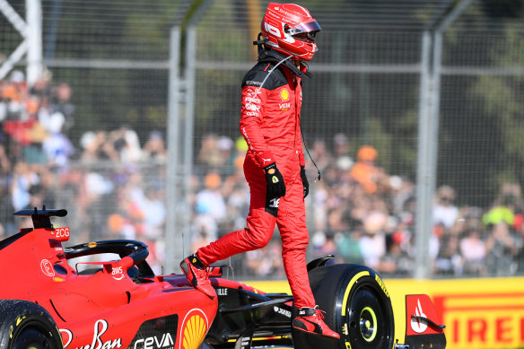 Last year’s winner Charles Leclerc climbs from his Ferrari after retiring from the F1 Grand Prix of Australia.