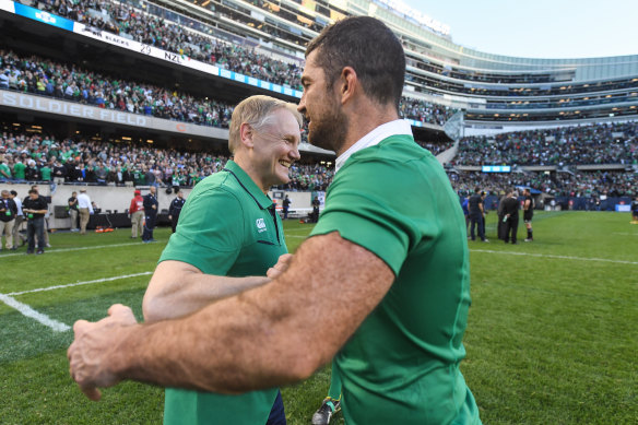 Joe Schmidt and Rob Kearney celebrate the famous victory over New Zealand in 2016.