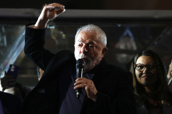 Luiz Inacio Lula da Silva, speaks to supporters at the end of the general election day in Sao Paulo. Lula received 48% of votes, not enough to secure the presidency.