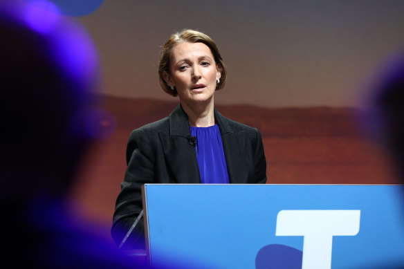 Telstra CEO Vicki Brady at her first AGM in charge on Tuesday. 