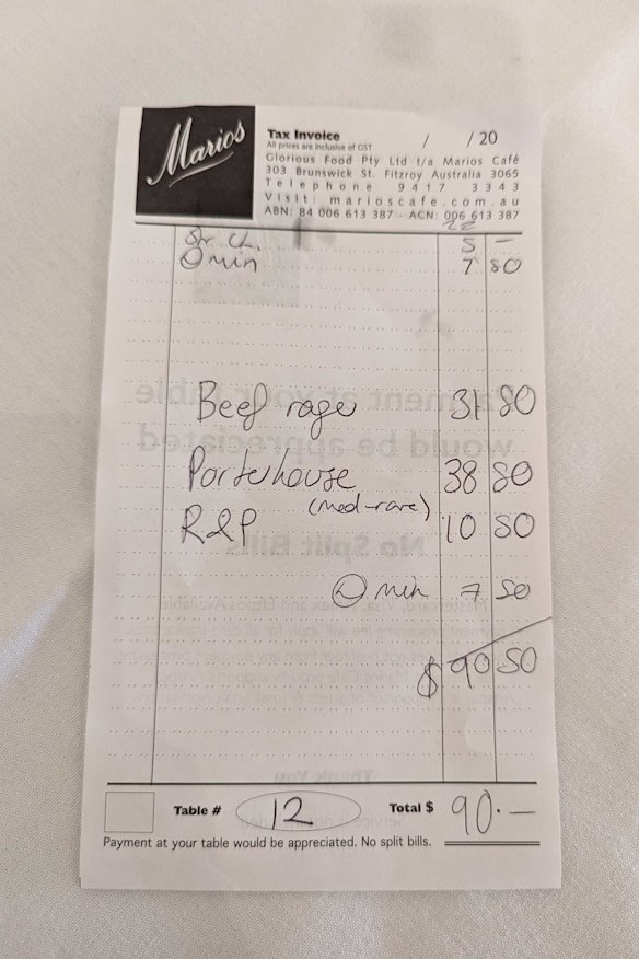 The bill: beef ragu pasta, steak and a salad.