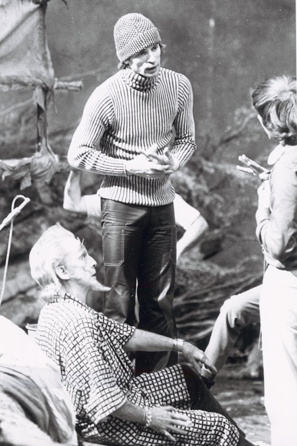Robert Helpmann and Rudolf Nureyev discuss set lighting with a technical assistant during the filming of Don Quixote in 1972.