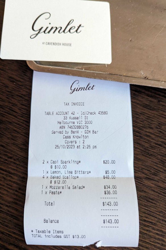 The bill: Scallops, pasta and artichoke entrees at Gimlet.