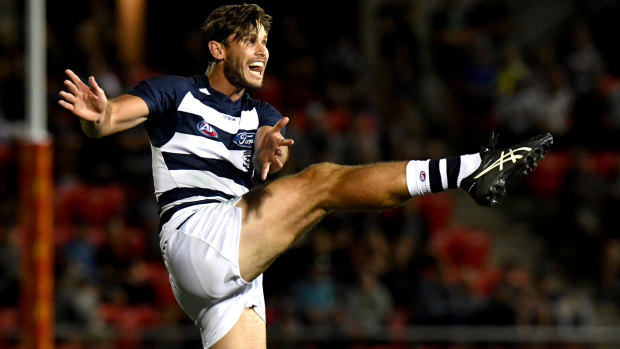 Geelong's Tom Hawkins in action during the Adelaide AFLX grand final.