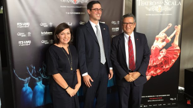 Arts Minister Leeanne Enoch, Italian Consulate spokesman Ludovico Carlo Camussi and QPAC chief executive John Kotzas (left to right) announcing five years of negotiations have paid off. 