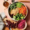 Pickled cabbage and quinoa rainbow salad with miso dressing.