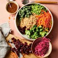 Pickled cabbage and quinoa rainbow salad with miso dressing.