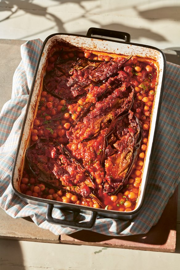 Baking the chickpeas with eggplant creates a richly flavoured sauce.