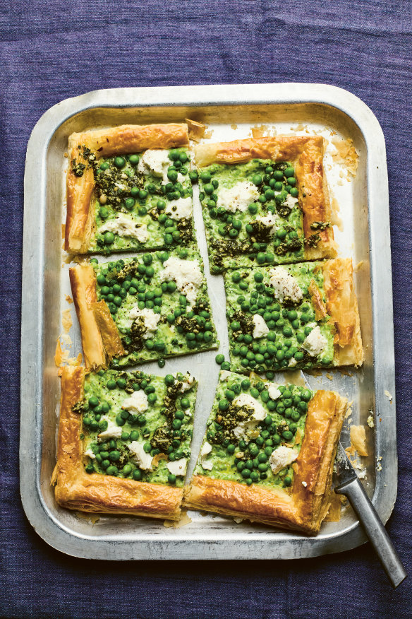 Ricotta, pea and pesto tart.