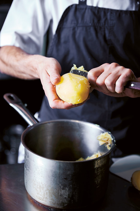 Step 1. Cook the potatoes with skins on, then, when they are cool enough to handle, peel off and discard the skins.