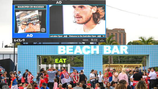 Crowds attending the Australian Open at the beach bar outside Rod Laver Arena for the men’s final. 