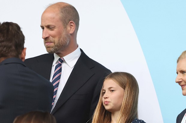 HRH Prince William, Prince Of Wales watches on alongside Princess Charlotte of Wales during the UEFA Women’s EURO 2025 Final match between England and Spain at St. Jakob-Park on July 27, 2025 in Basel, Switzerland. (Photo by Crystal Pix/MB Media/Getty Images
