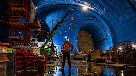 The western end of the giant cavern for the metro station beneath Hunter Street in the Sydney CBD.