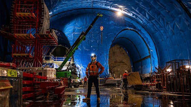 The western end of the giant cavern for the metro station beneath Hunter Street in the Sydney CBD.