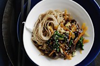 Warm Korean-style beef noodle salad.