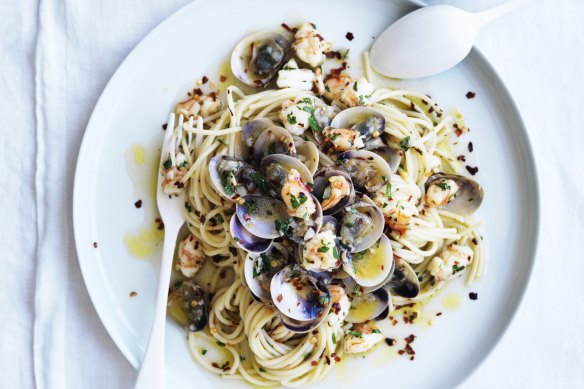 Neil Perry’s spaghetti with prawns, clams and chilli.