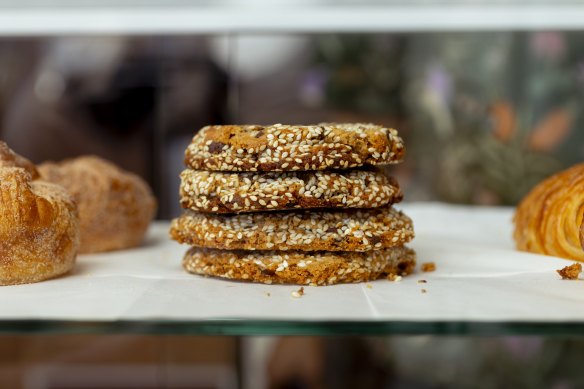 Tahini and salted choc-chip cookies.