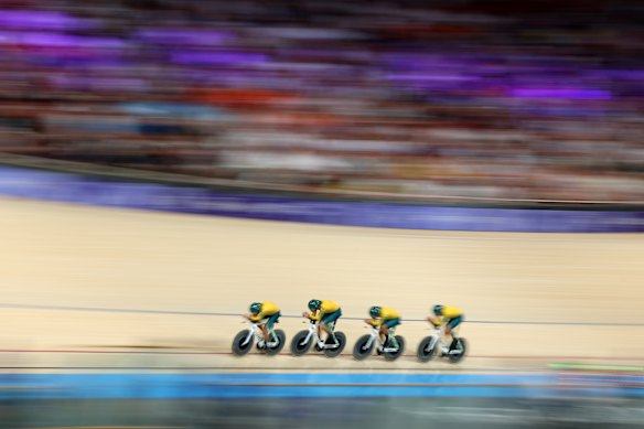 Gold medallists Oliver Bleddyn, Sam Welsford, Conor Leahy and Kelland O’Brien of Australia during the men’s team pursuit final. 