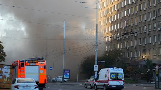 A smoke rises after a drone fired on buildings in Kyiv, Ukraine on Monday.