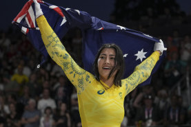 Saya Sakakibara celebrates her gold medal-winning performance.