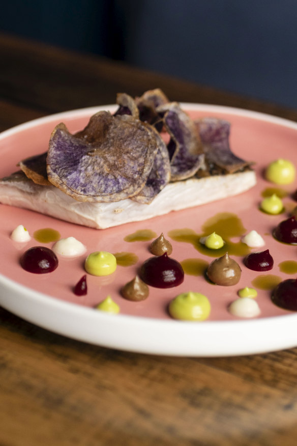 Cappon magro (sea mullet) with beetroot, parsley mayo.