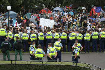 Police officers form a line in front of protesters at Parliament in Wellington, New Zealand.