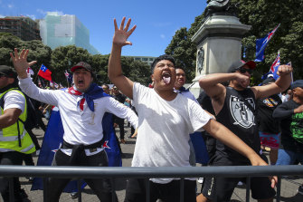 Protestors perform a haka during a Freedom and Rights Coalition protest at Parliament in Wellington, last Tuesday.  