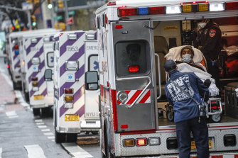 Ambulances line up to deliver patients to the NYU Langone Medical Centre in New York on April 13. While New York has managed to contain the virus, infections are still rising in more than 20 states.