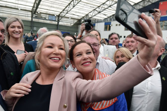 Sinn Fein northern leader, Michelle ONeill and Sinn Fein leader, Mary Lou McDonald take a selfie as they celebrate the historic win.